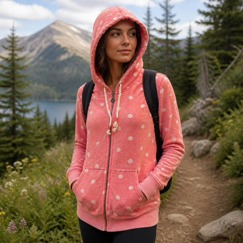 VINTAGE Y2K 2000s ROXY STREETWEAR Pink White Polka Dots LOGO HOODIE Full Zip L
